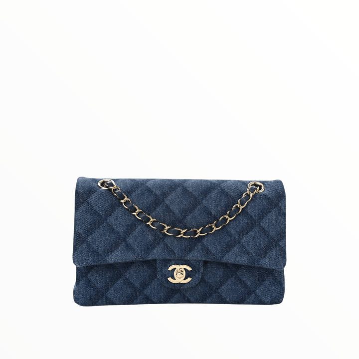 Chanel Printed Denim Quilted Medium Double Flap Dark Blue - Revive