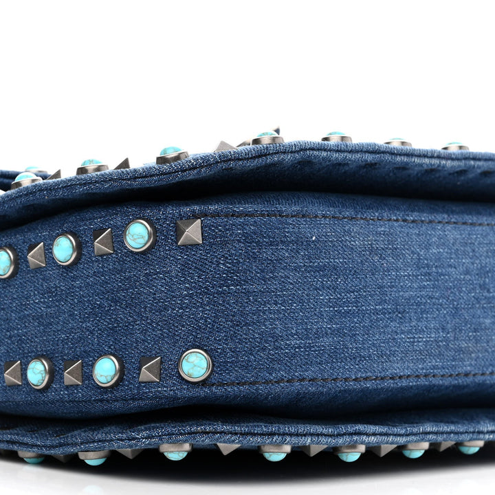 Valentino Garavani Denim Medium Guitar Strap Rockstud Rolling Flap Saddle Bag - Revive